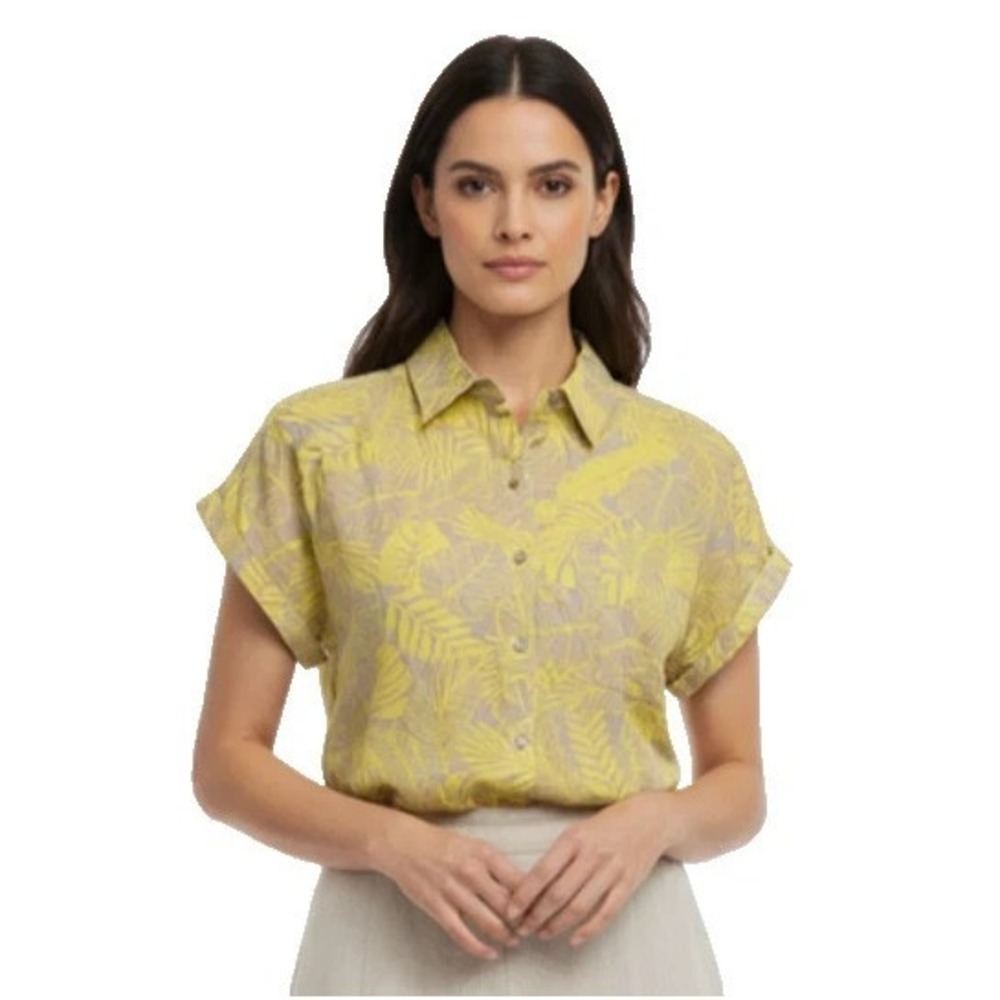 Calvin Klein Women's Yellow Tan Short Sleeve Shirt Collared Linen Blend Size‎ XL